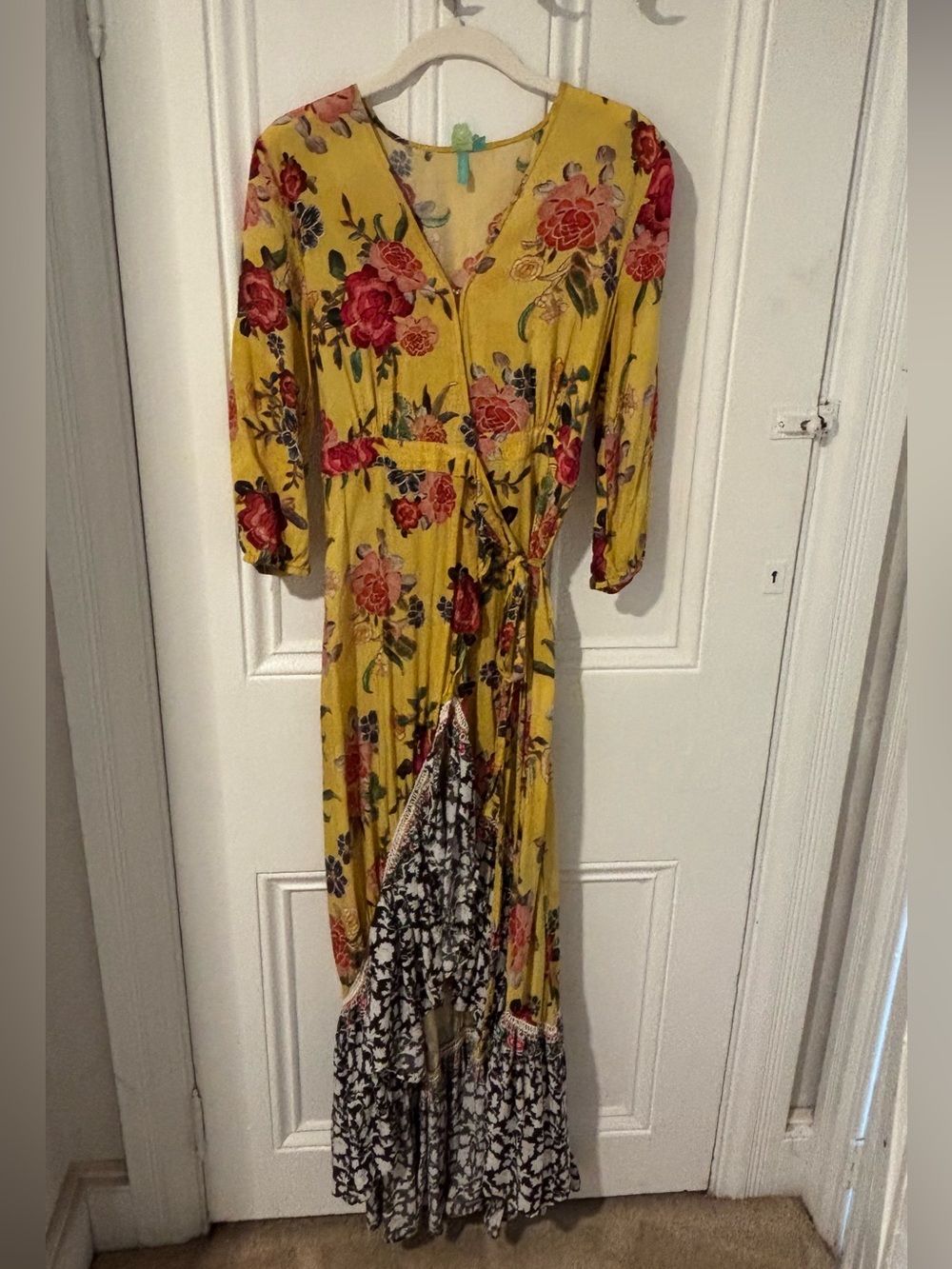 FARM Rio Yellow Floral Wrap Maxi Dress with Red Rose Print